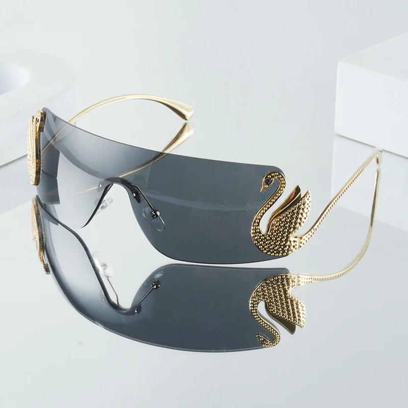 Women's Fashion Glasses New Frameless One-Piece Design with Rhinestone-Embellished Swan Temples, Exquisite and Luxurious, Su