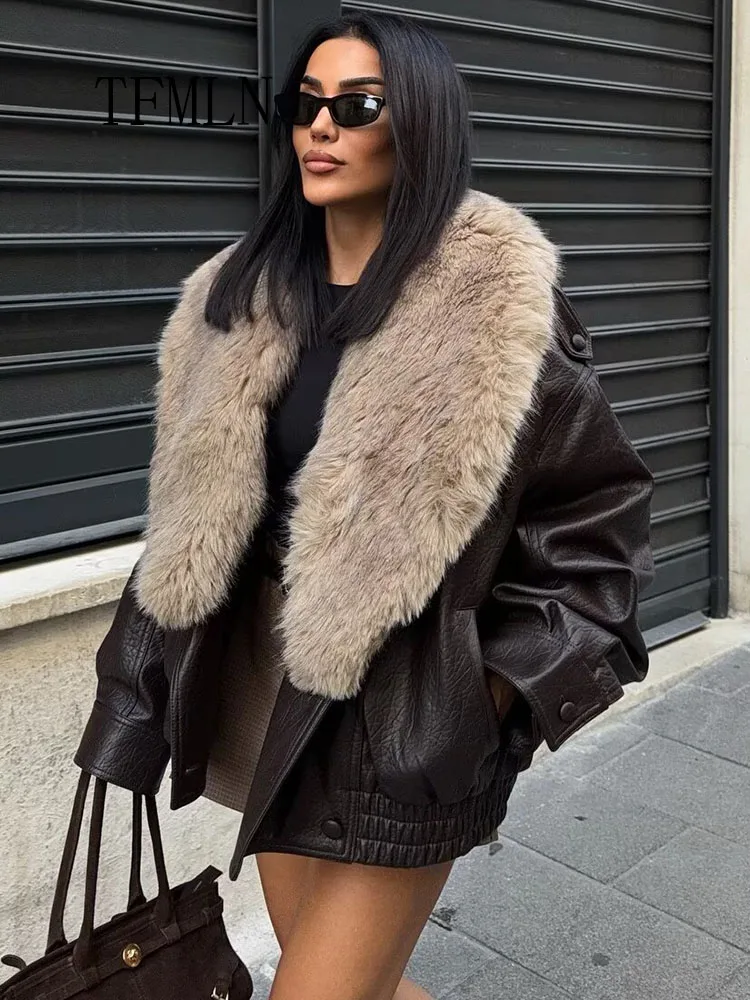 2025 Winter Women Loose Faux Leather Jacket Fashion Removed Big Fur Collar Causal Coat High Street Double Breasted Outwear