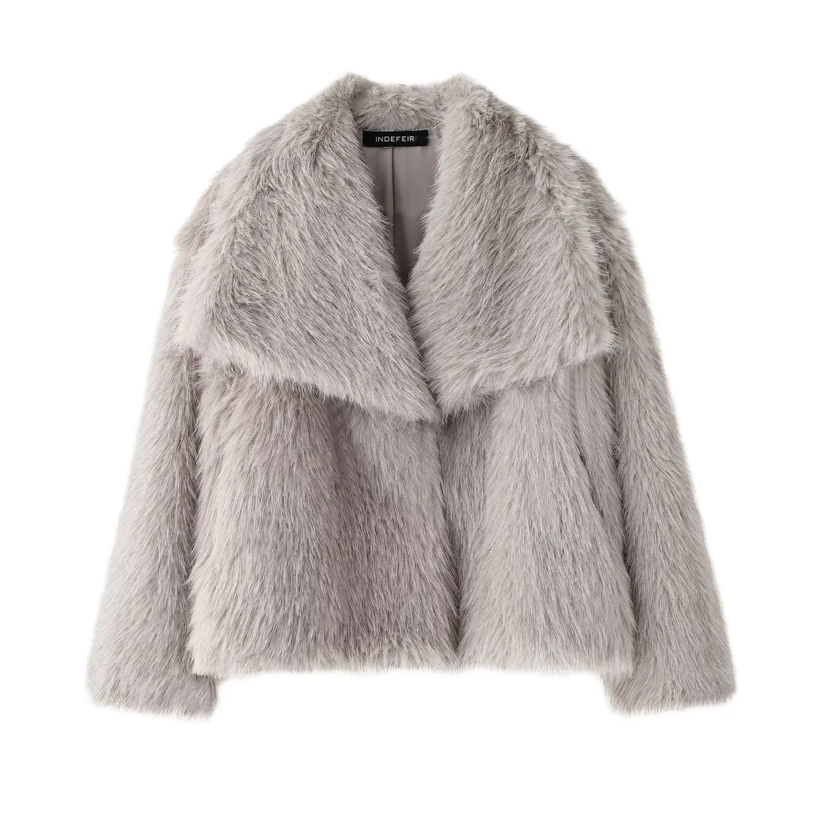Women Fashion Cropped Faux Fur Jacket Coat Long Sleeve Front Snap-button Female Outerwear Chic Lapel Collar Thick Coat