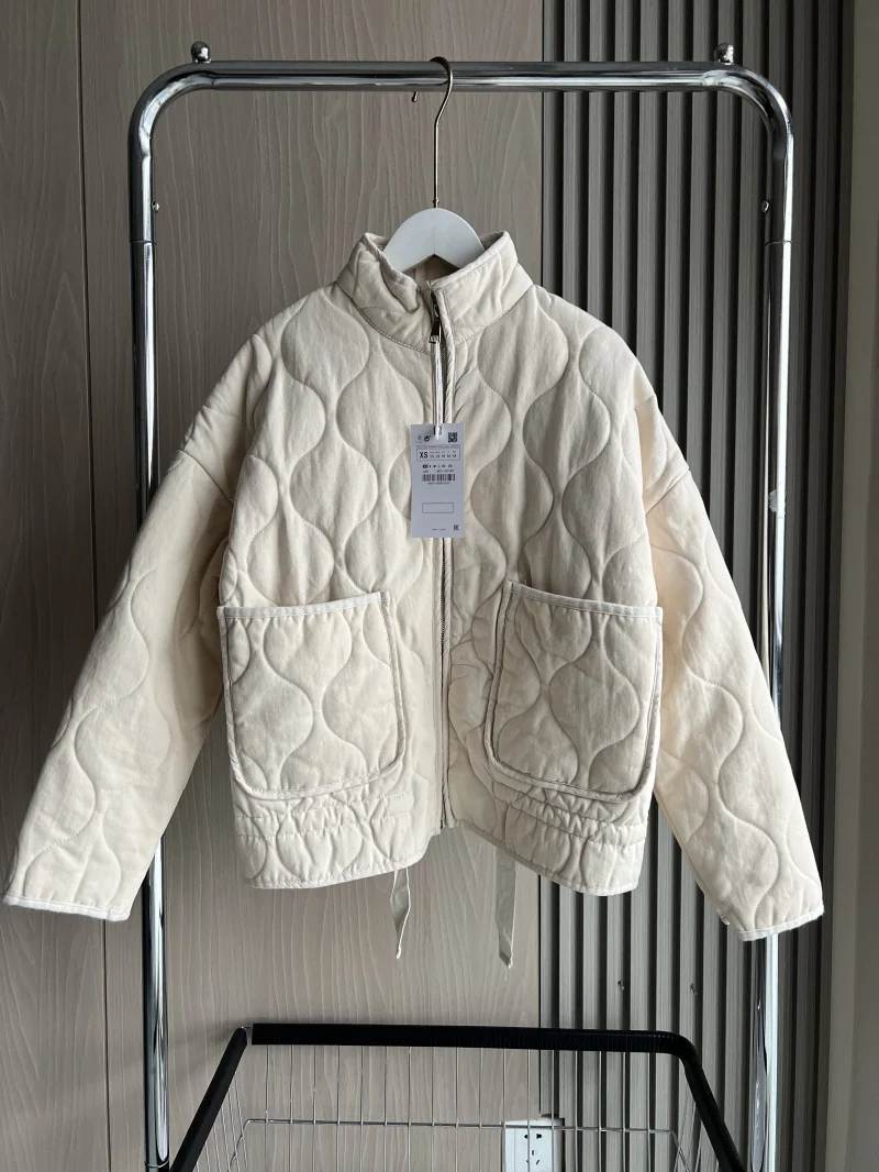 Women's Cotton Jacket 2025 New Arrival Vintage Lenzing Rayon High Collar Large Pocket Decorative Quilted Coat for Women