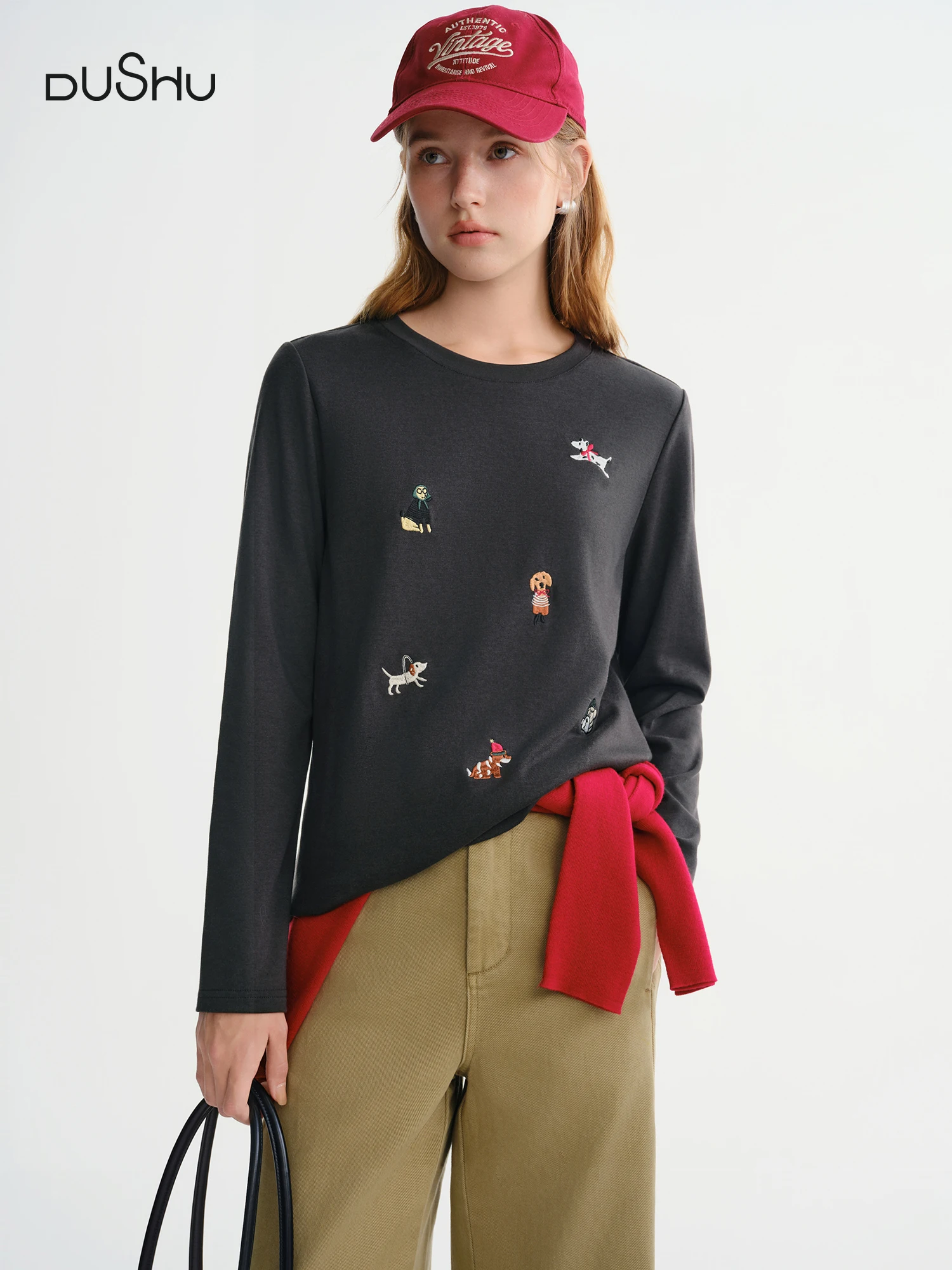 Puppy Fun Embroidered Thin Fleece Long Sleeve T-shirt Women's Autumn and Winter Bottoming Shirt Top Sweet Casual