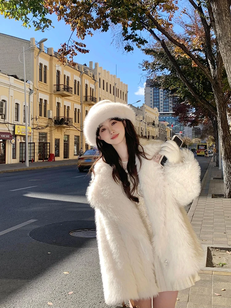 Winter Oversized Loose Casual Luxury Soft Thick Warm Hairy Faux Fox Fur Coat Women Long Sleeve Fluffy Jacket