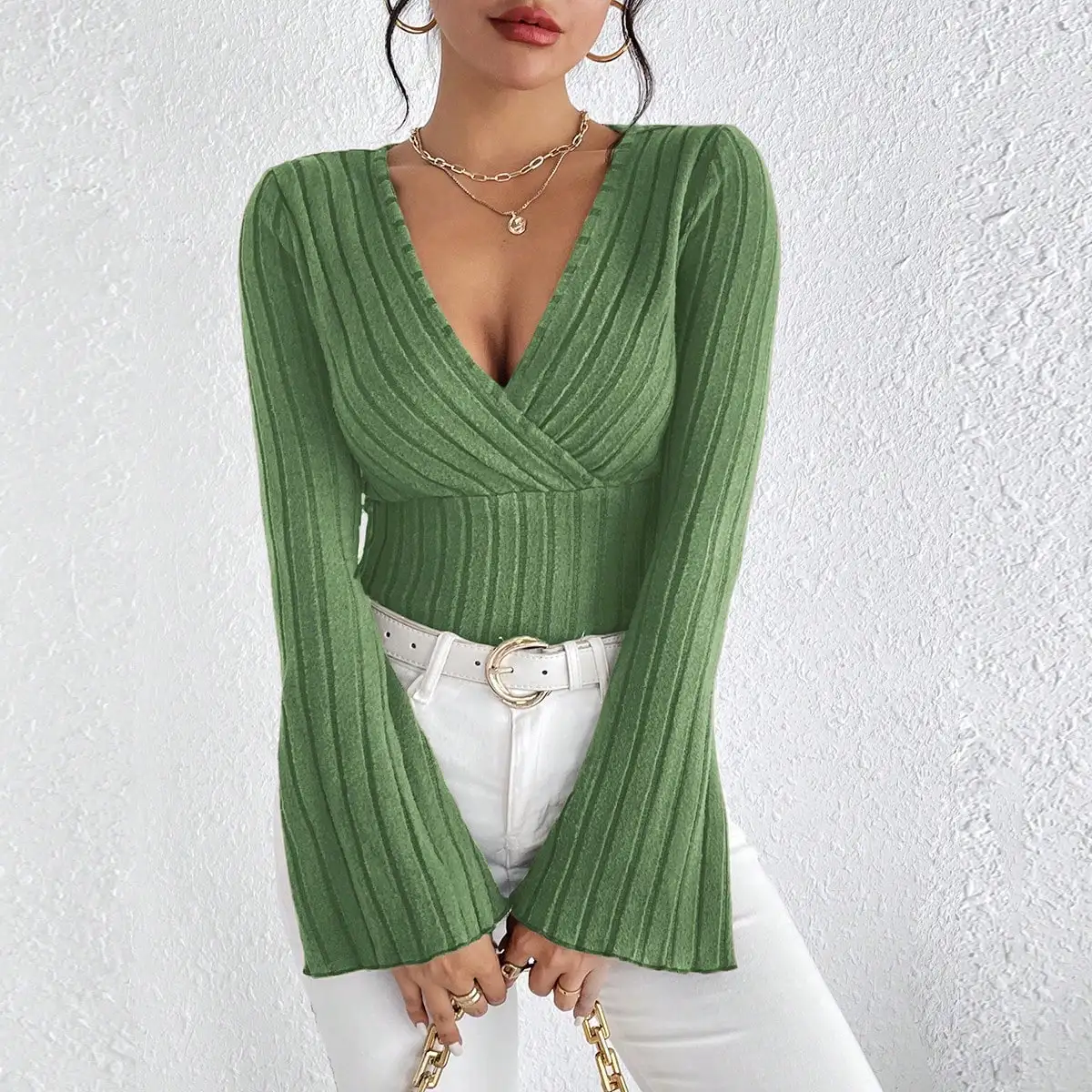 Women's Fall and Winter Long-sleeved Tops, V-neck Sexy Slim Striped Women's Tops, Long-sleeved T-shirt Knitted Bottoming Shirt