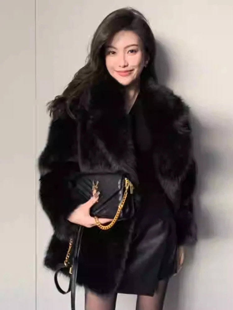 Winter Oversized Loose Casual Luxury Soft Thick Warm Hairy Faux Fox Fur Coat Women Long Sleeve Fluffy Jacket