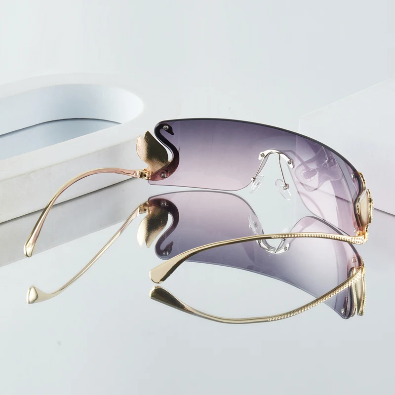 Women's Fashion Glasses New Frameless One-Piece Design with Rhinestone-Embellished Swan Temples, Exquisite and Luxurious, Su