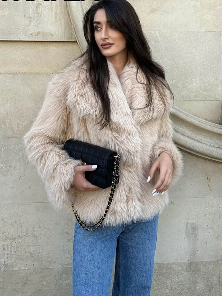 Women Fashion Cropped Faux Fur Jacket Coat Long Sleeve Front Snap-button Female Outerwear Chic Lapel Collar Thick Coat