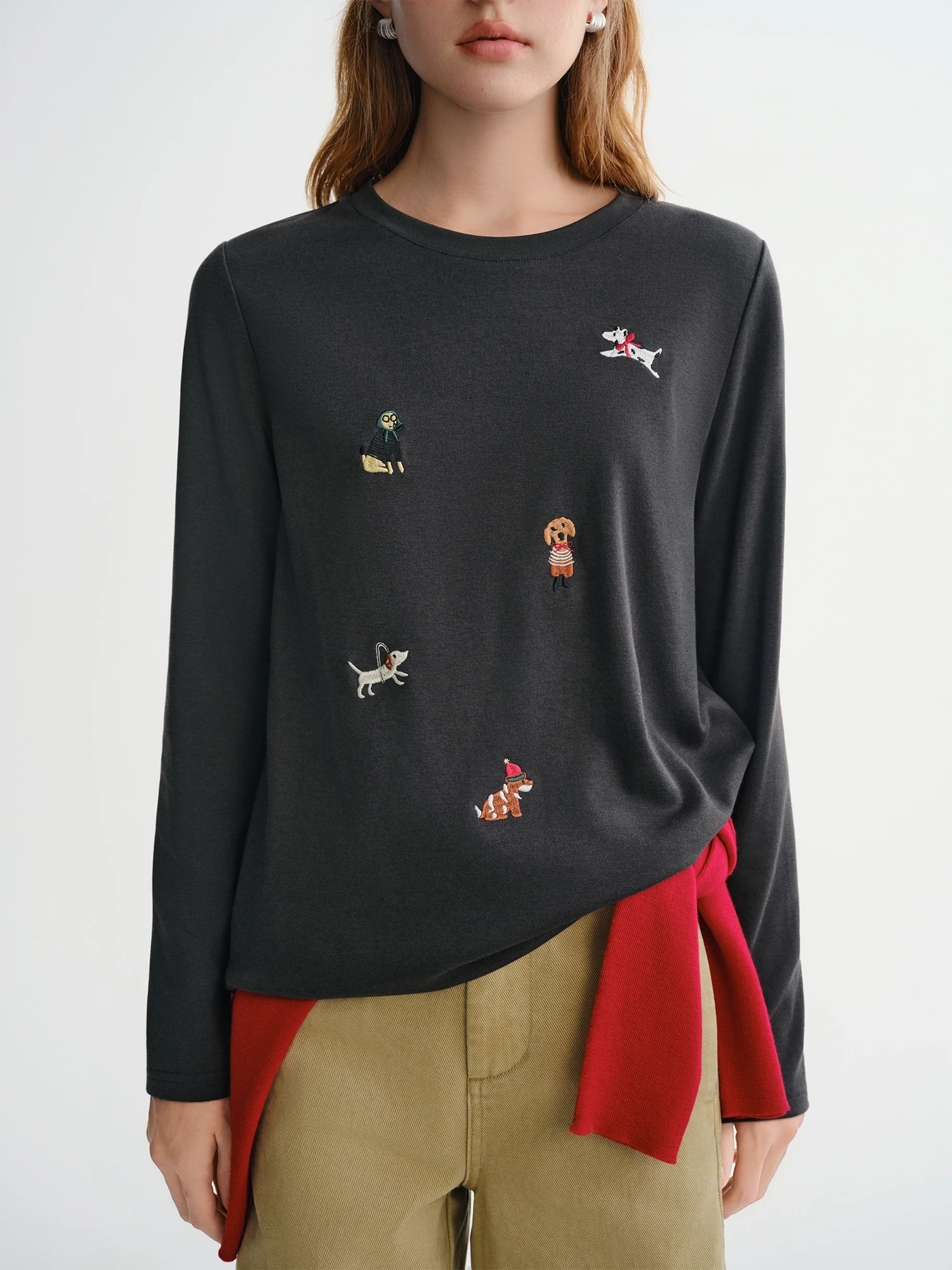 Puppy Fun Embroidered Thin Fleece Long Sleeve T-shirt Women's Autumn and Winter Bottoming Shirt Top Sweet Casual