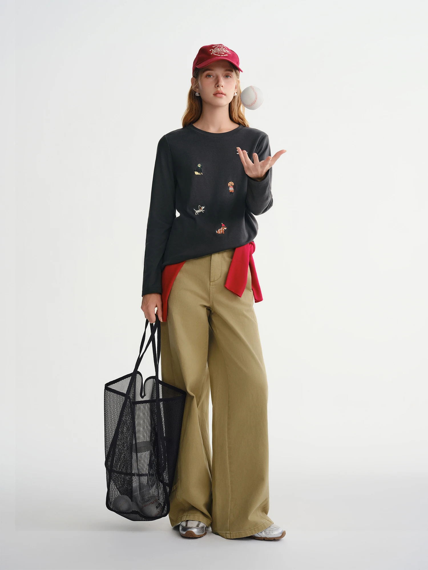 Puppy Fun Embroidered Thin Fleece Long Sleeve T-shirt Women's Autumn and Winter Bottoming Shirt Top Sweet Casual