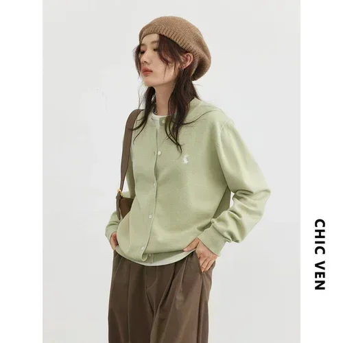 Women T-Shirts New Multi Color Option Simple Solid Rabbit Embroidery Knitted Cardigan Sweater Autumn Spring 2025