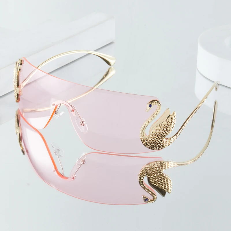 Women's Fashion Glasses New Frameless One-Piece Design with Rhinestone-Embellished Swan Temples, Exquisite and Luxurious, Su