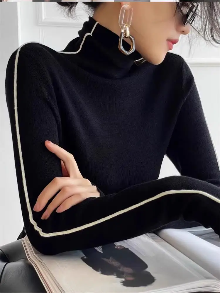 Fashion High Neck T-shirt Women Autumn Winter Trendy Color Blocking Slim Fit Tops Female Base Simplicity Long Sleeved Tops