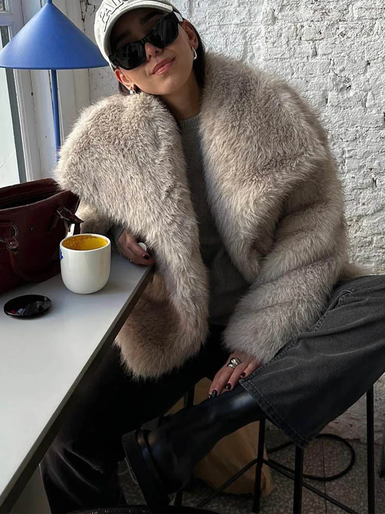 Women Fashion Cropped Faux Fur Jacket Coat Long Sleeve Front Snap-button Female Outerwear Chic Lapel Collar Thick Coat