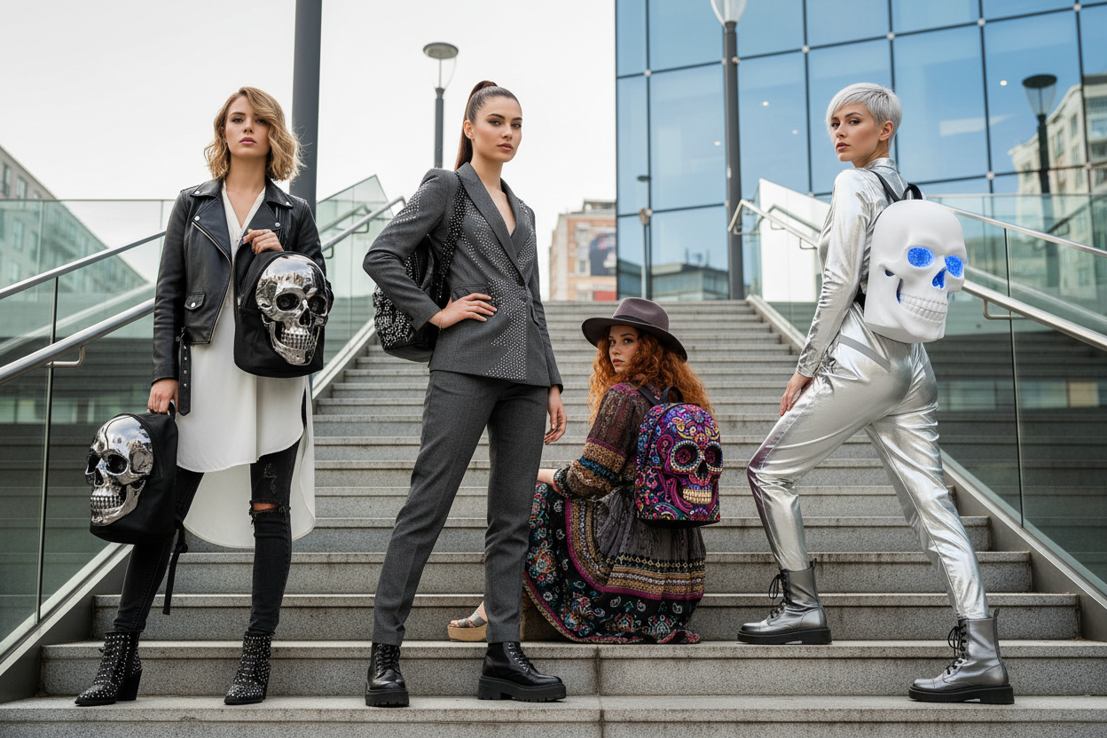 4个欧洲美女背着外观类似骷髅头的酷酷的背包摆出各种造型在楼梯边，图片像素1950*500