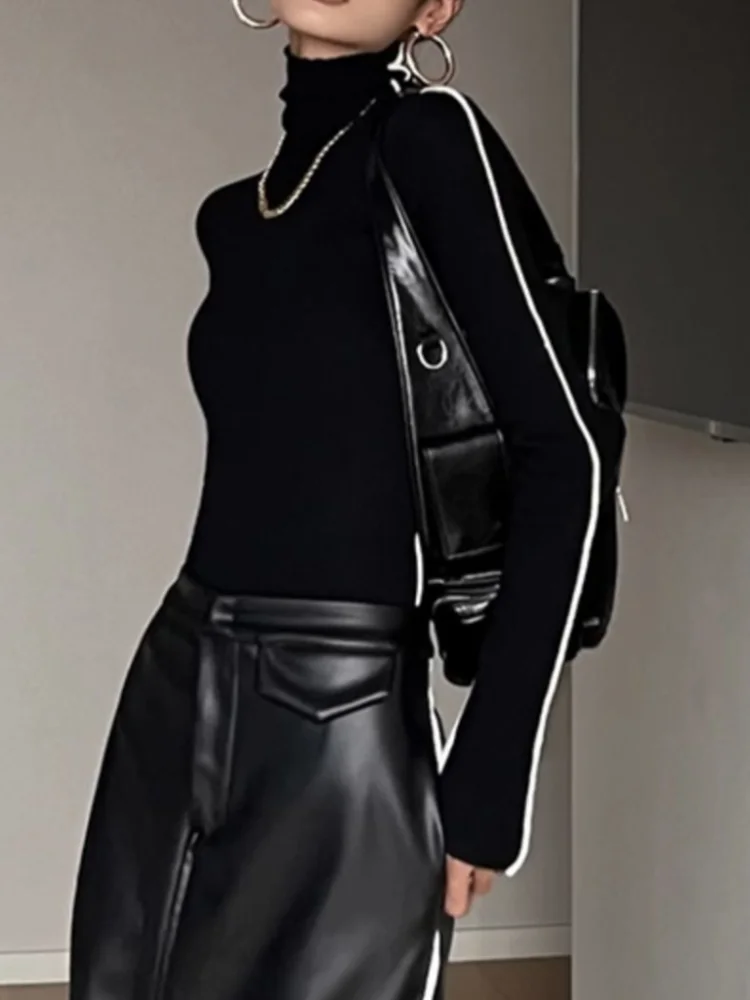 Fashion High Neck T-shirt Women Autumn Winter Trendy Color Blocking Slim Fit Tops Female Base Simplicity Long Sleeved Tops