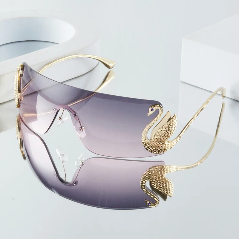 Women's Fashion Glasses New Frameless One-Piece Design with Rhinestone-Embellished Swan Temples, Exquisite and Luxurious, Su