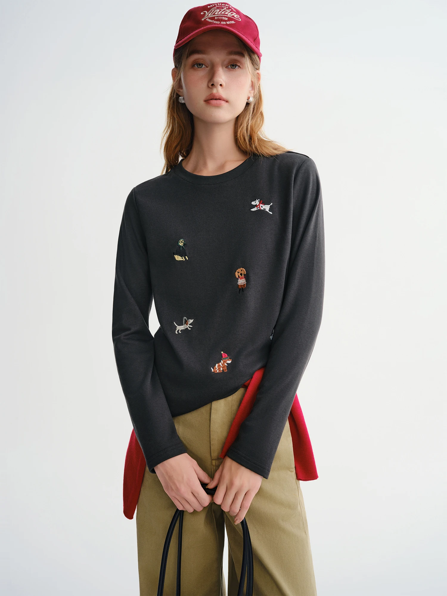 Puppy Fun Embroidered Thin Fleece Long Sleeve T-shirt Women's Autumn and Winter Bottoming Shirt Top Sweet Casual