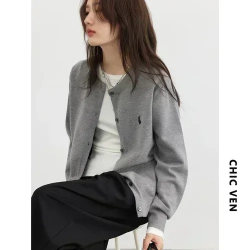 Women T-Shirts New Multi Color Option Simple Solid Rabbit Embroidery Knitted Cardigan Sweater Autumn Spring 2025