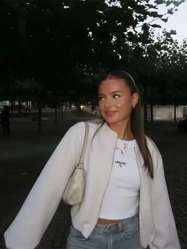 Ladies Fashion Autumn Winter Jacket Women Retro Round Neck Long Sleeve Elastic Hem Zipper Soft Bomber Jacket Women Coat Female