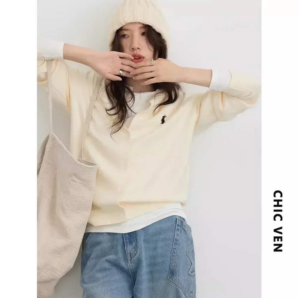 Women T-Shirts New Multi Color Option Simple Solid Rabbit Embroidery Knitted Cardigan Sweater Autumn Spring 2025