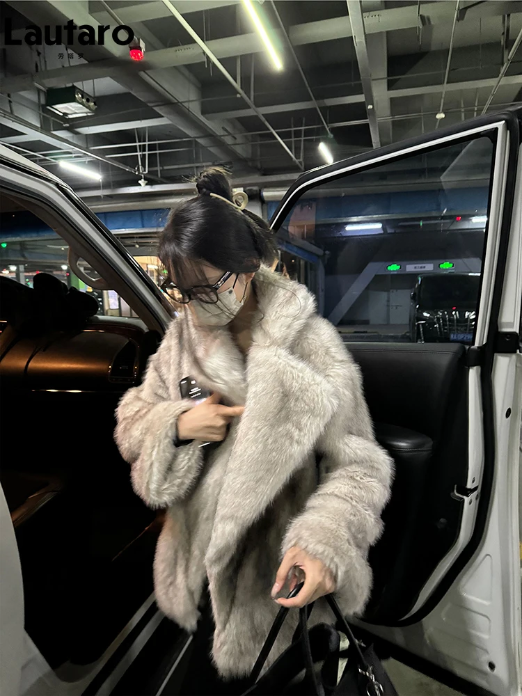 Winter Oversized Loose Casual Luxury Soft Thick Warm Hairy Faux Fox Fur Coat Women Long Sleeve Fluffy Jacket