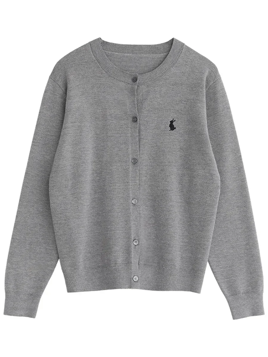 Women T-Shirts New Multi Color Option Simple Solid Rabbit Embroidery Knitted Cardigan Sweater Autumn Spring 2025