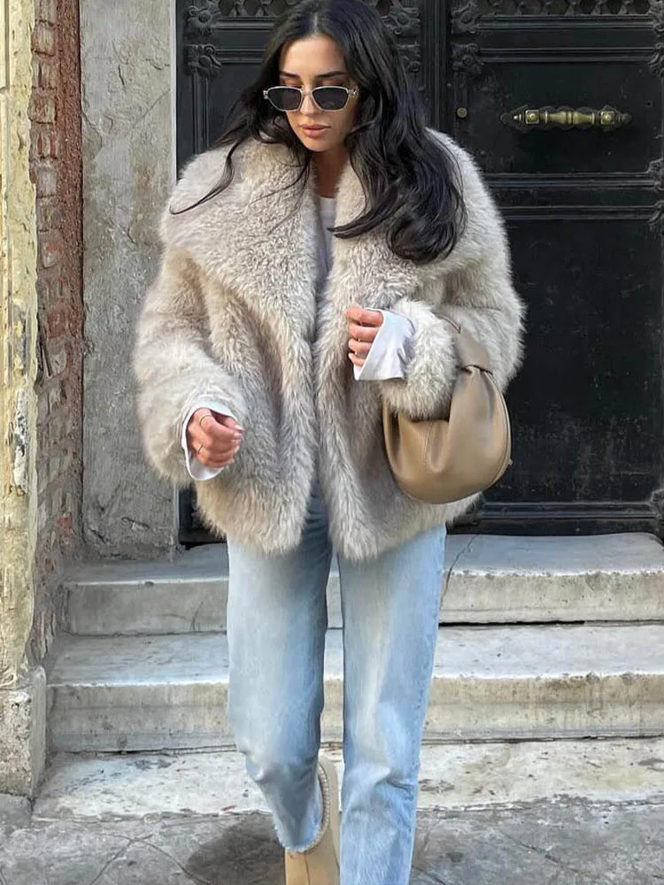 Women Fashion Cropped Faux Fur Jacket Coat Long Sleeve Front Snap-button Female Outerwear Chic Lapel Collar Thick Coat