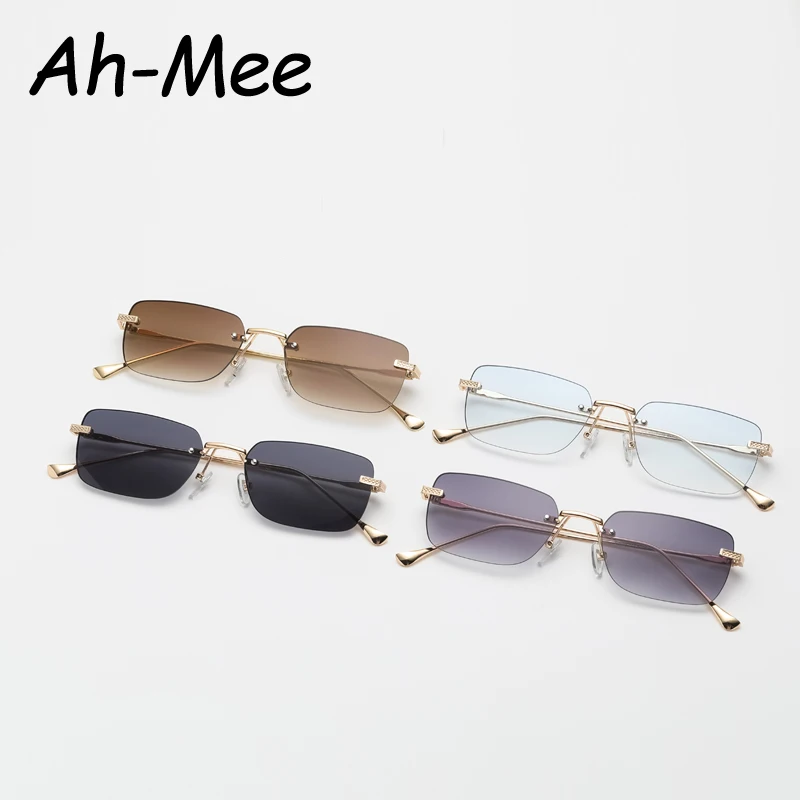 Rimless Square Sunglasses Women Small Rectangle Punk Sun Glasses Brand Vintage Black Red Tinted Color Lens Eyewear Ladies Oculos