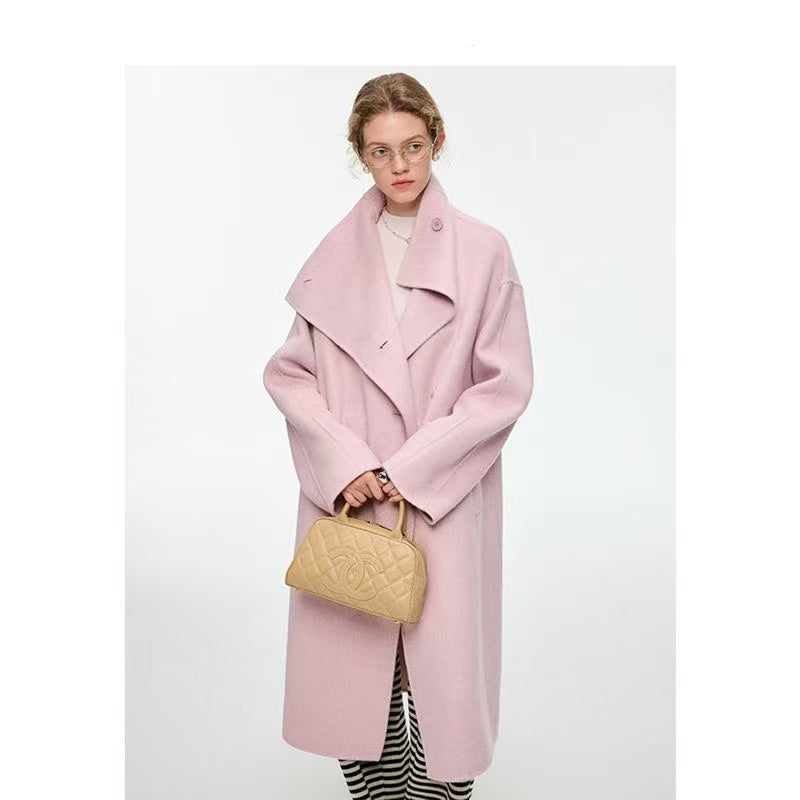 High-quality elegant single-breasted design winter women's soft pink wool blend coat