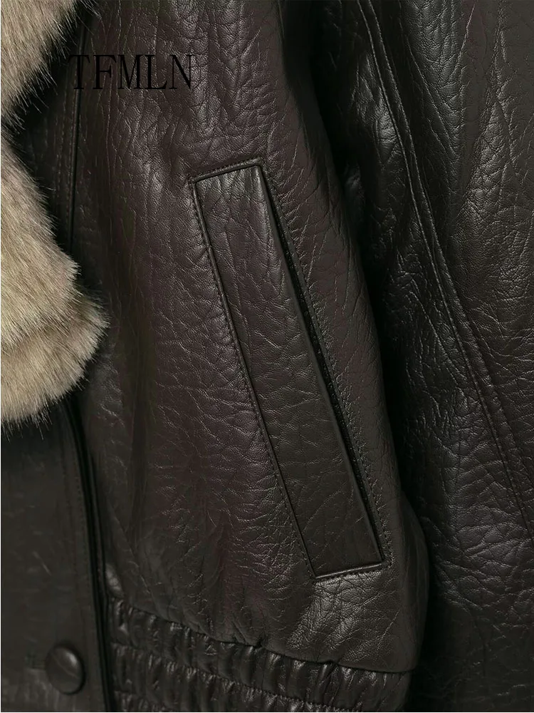 2025 Winter Women Loose Faux Leather Jacket Fashion Removed Big Fur Collar Causal Coat High Street Double Breasted Outwear