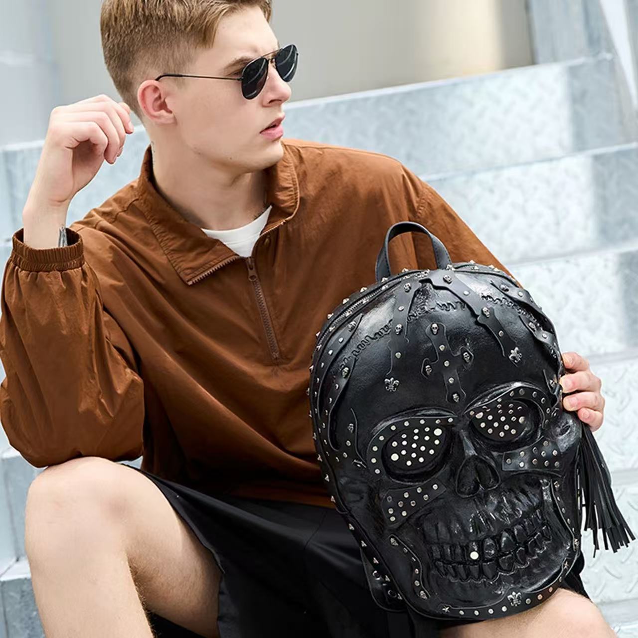 Motorcycle personality skull bag creative funny men and women pu leather backpack