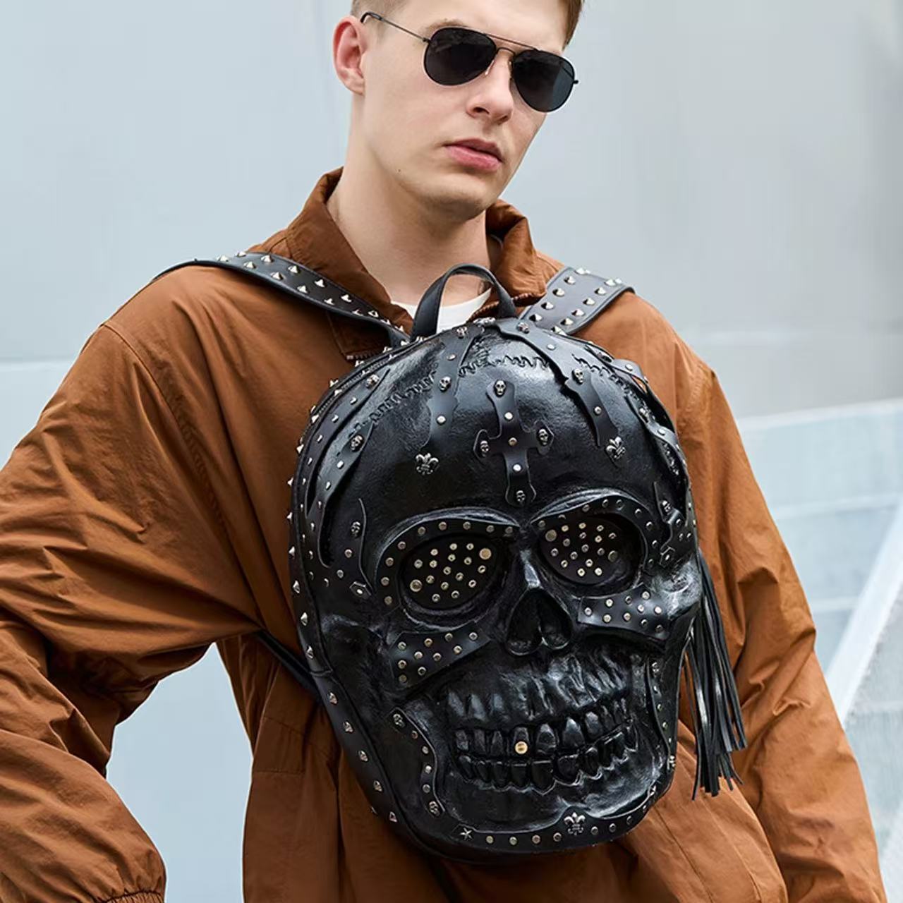 Motorcycle personality skull bag creative funny men and women pu leather backpack