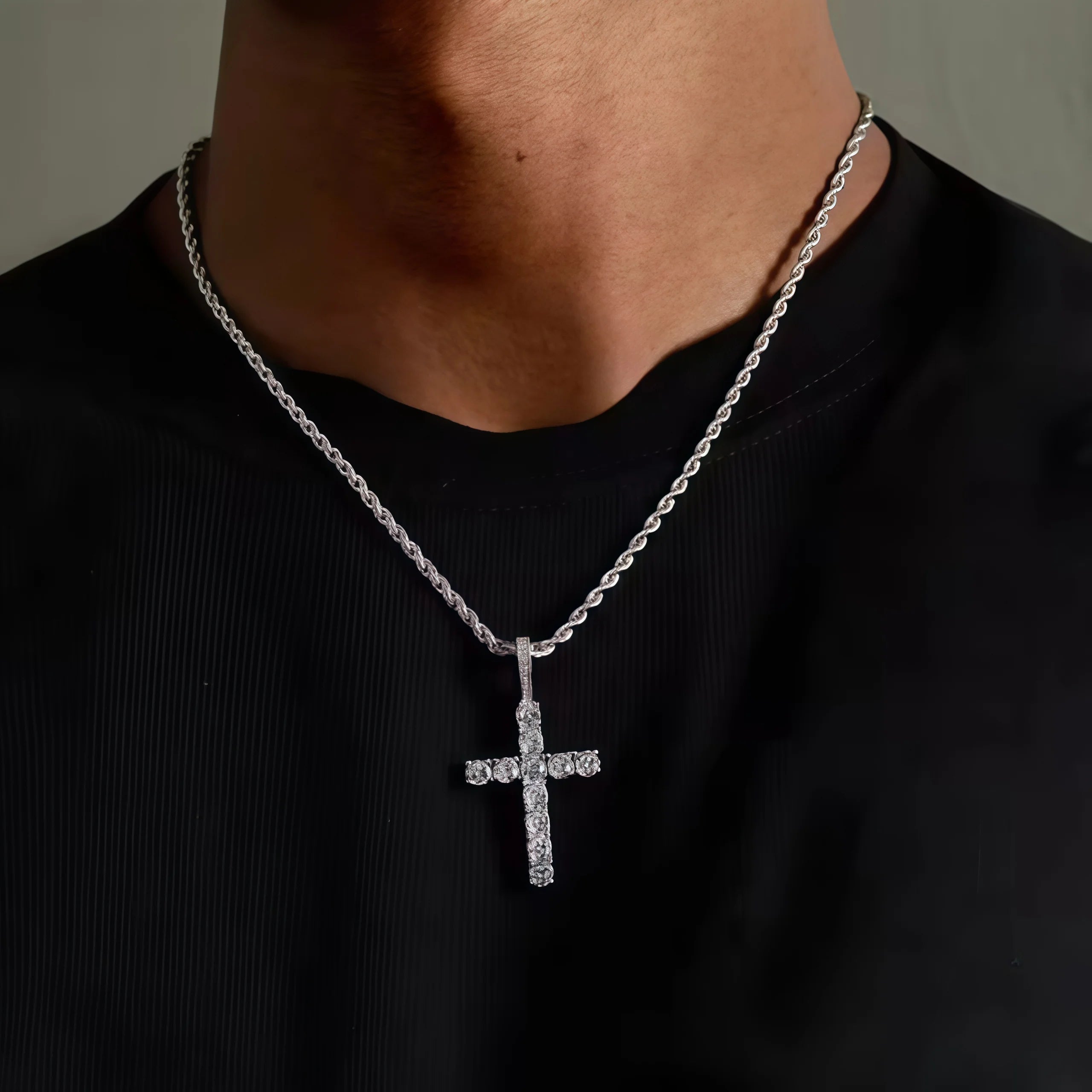 Iced Out Crystal Zircon Cross Pendant Necklace Silver Plated Twisted Chain Necklaces For Men Women，With a complimentary gift