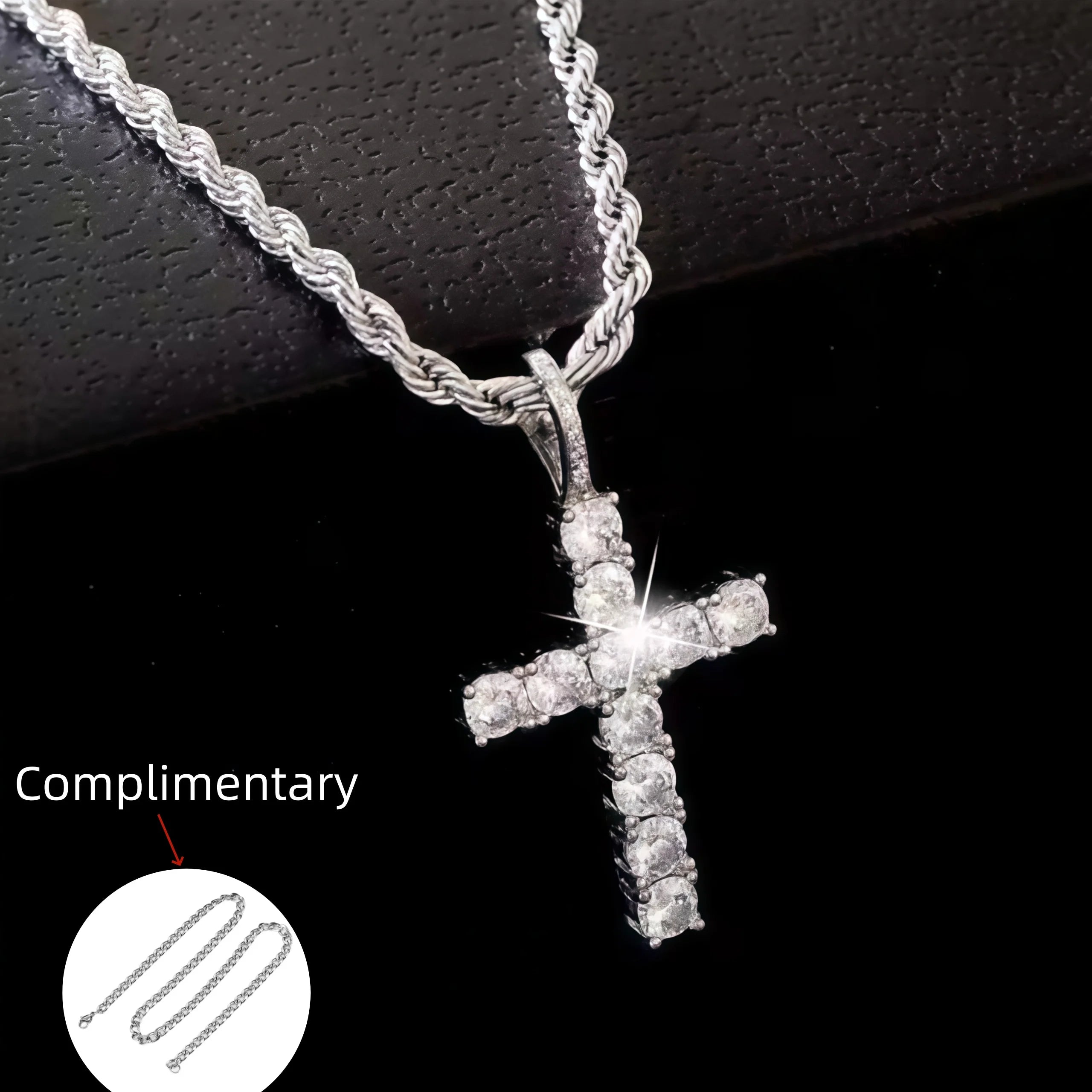 Iced Out Crystal Zircon Cross Pendant Necklace Silver Plated Twisted Chain Necklaces For Men Women，With a complimentary gift