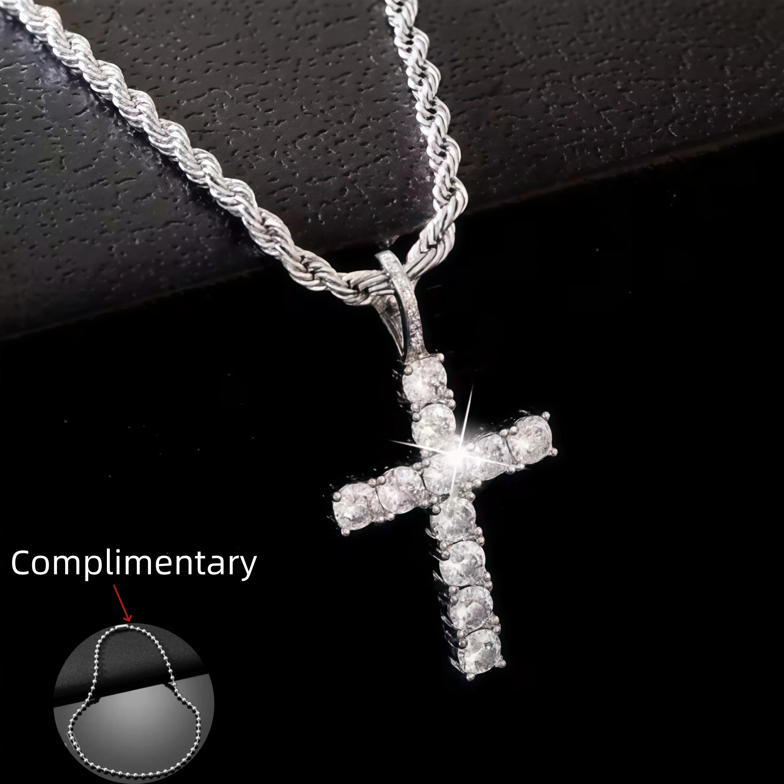 Iced Out Crystal Zircon Cross Pendant Necklace Silver Plated Twisted Chain Necklaces For Men Women，With a complimentary gift