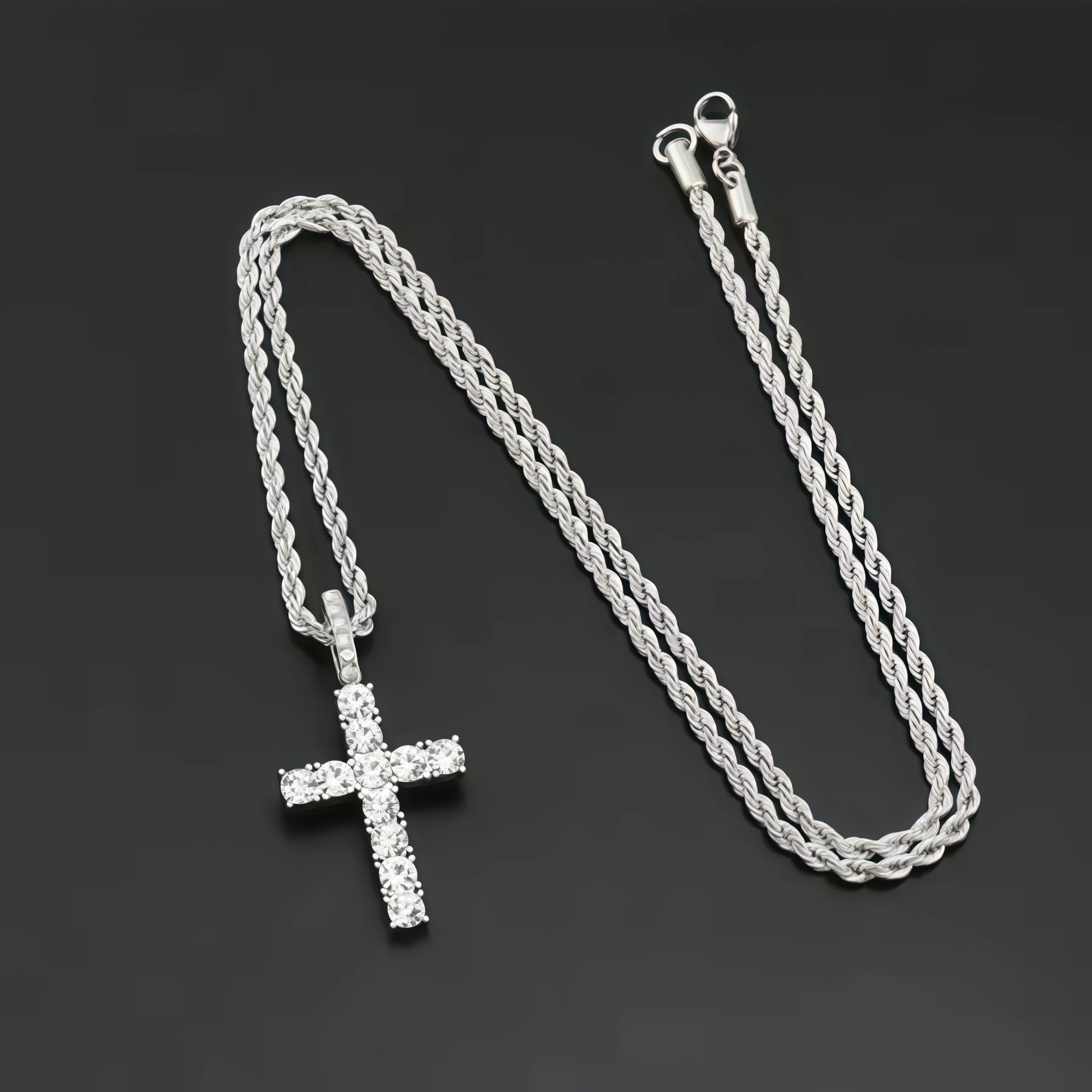Iced Out Crystal Zircon Cross Pendant Necklace Silver Plated Twisted Chain Necklaces For Men Women，With a complimentary gift