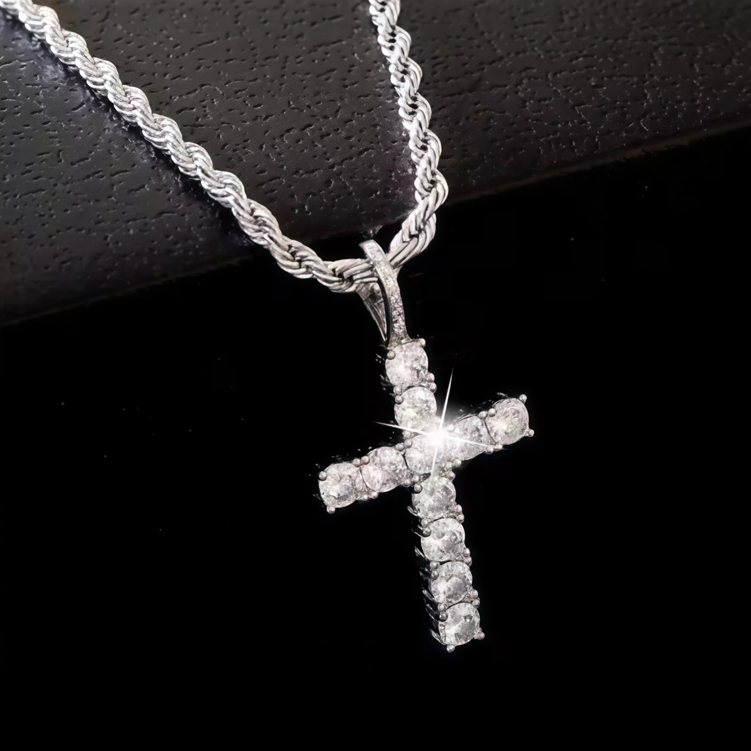 Iced Out Crystal Zircon Cross Pendant Necklace Silver Plated Twisted Chain Necklaces For Men Women，With a complimentary gift