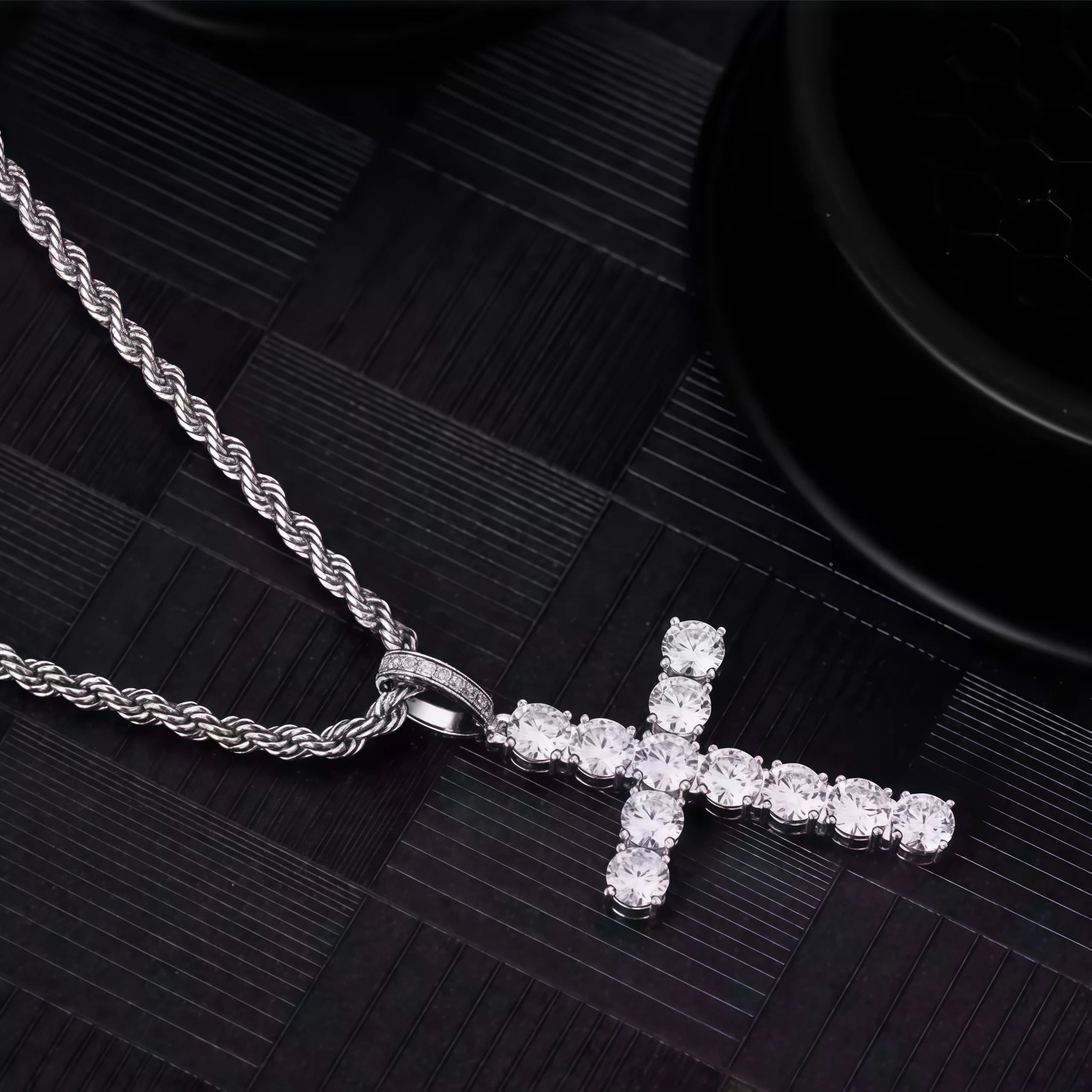 Iced Out Crystal Zircon Cross Pendant Necklace Silver Plated Twisted Chain Necklaces For Men Women，With a complimentary gift
