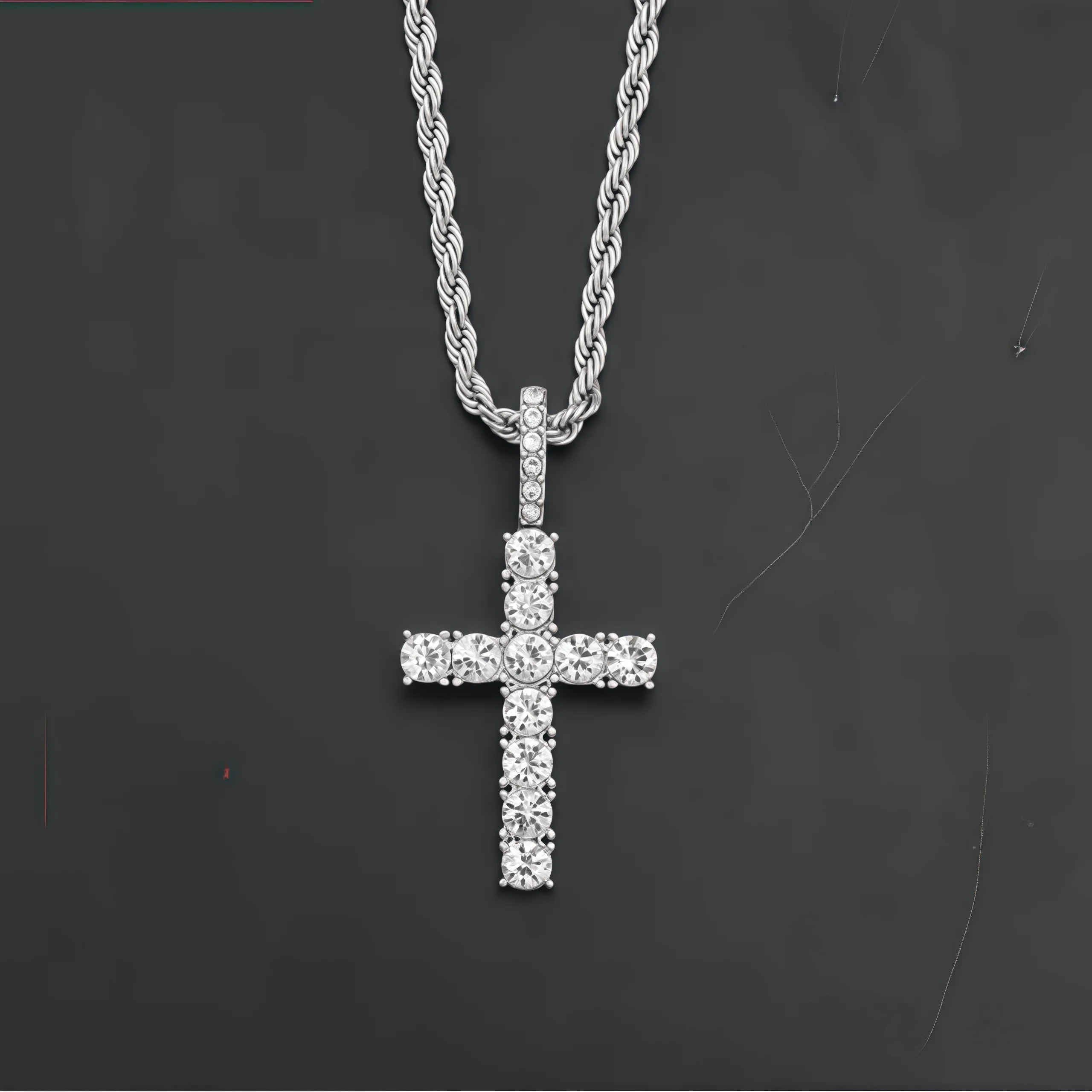 Iced Out Crystal Zircon Cross Pendant Necklace Silver Plated Twisted Chain Necklaces For Men Women，With a complimentary gift