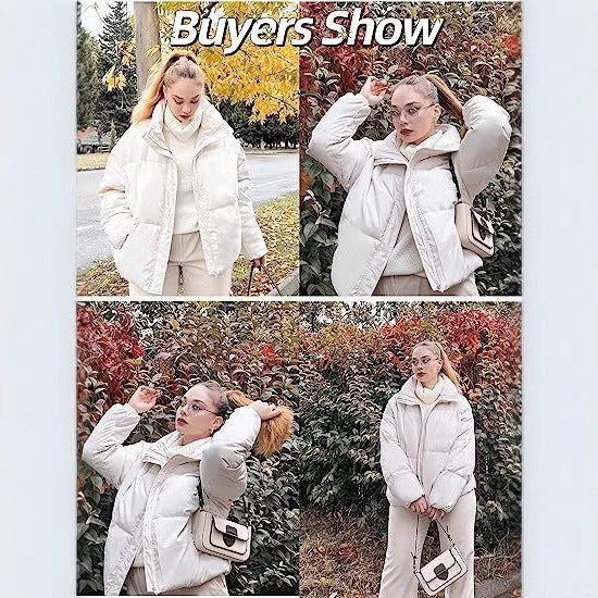 Women's 2025 Winter Long Sleeve Zip Puffer Jacket Pockets Baggy Short Coats