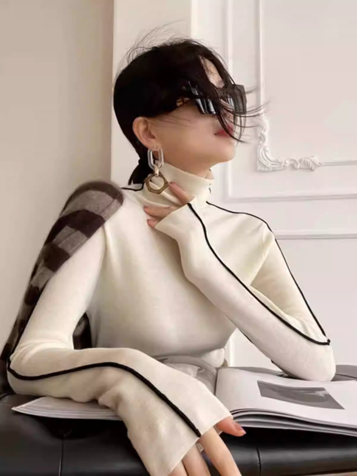 Fashion High Neck T-shirt Women Autumn Winter Trendy Color Blocking Slim Fit Tops Female Base Simplicity Long Sleeved Tops