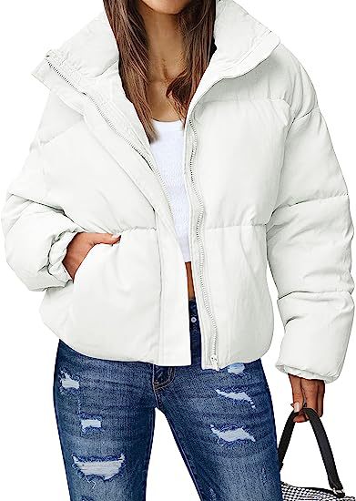 Women's 2025 Winter Long Sleeve Zip Puffer Jacket Pockets Baggy Short Coats