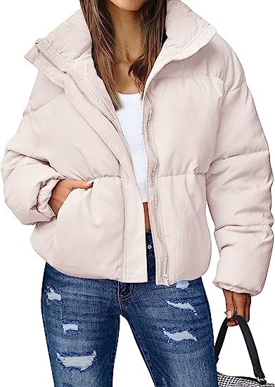 Women's 2025 Winter Long Sleeve Zip Puffer Jacket Pockets Baggy Short Coats