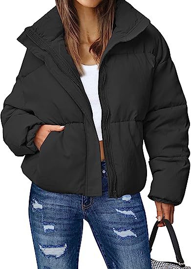 Women's 2025 Winter Long Sleeve Zip Puffer Jacket Pockets Baggy Short Coats