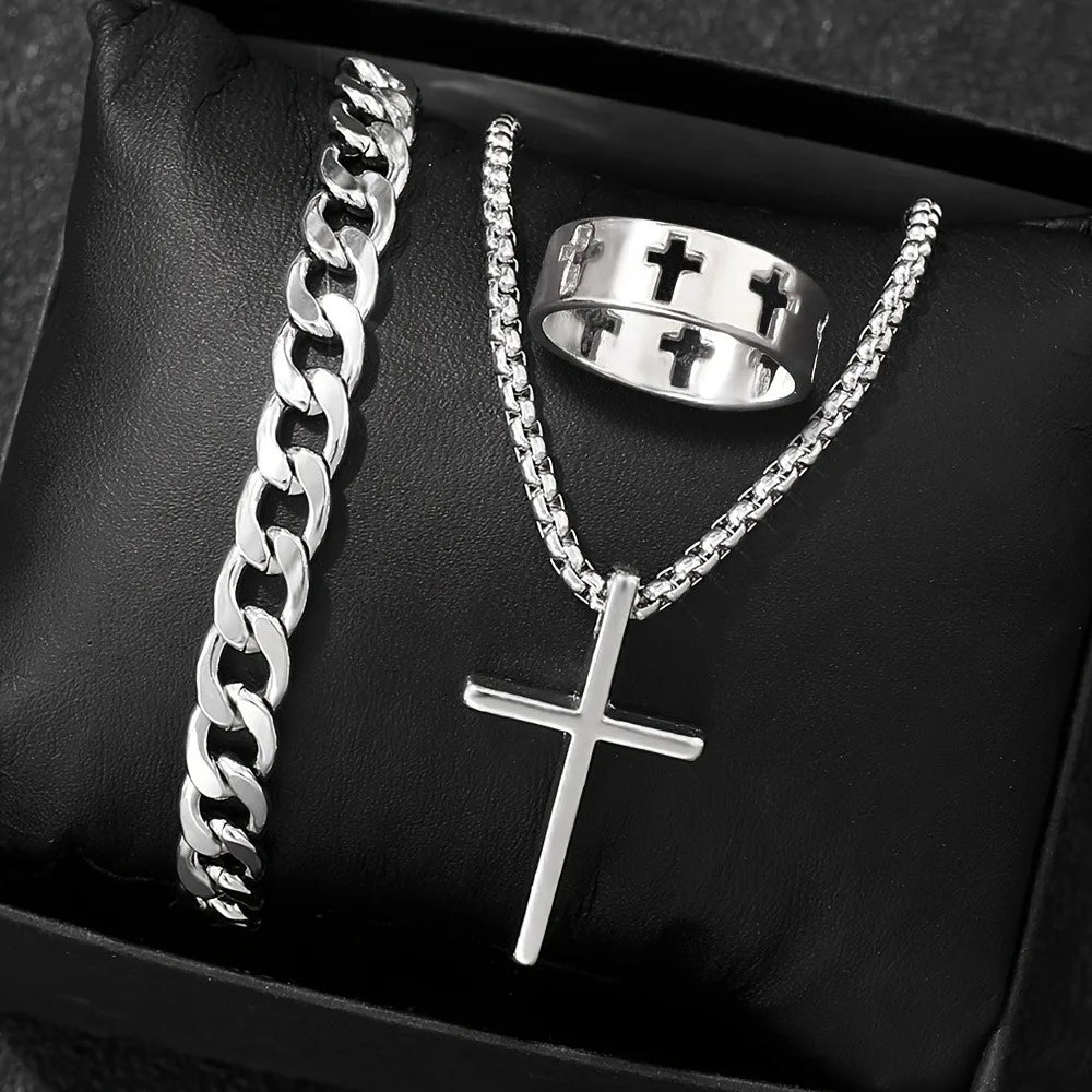 3PCS Men's Fashion Hip Hop Handsome Cross Jewelry Set, Necklace, Ring, Bracelet Give Him The Best Gift Christmas Gift
