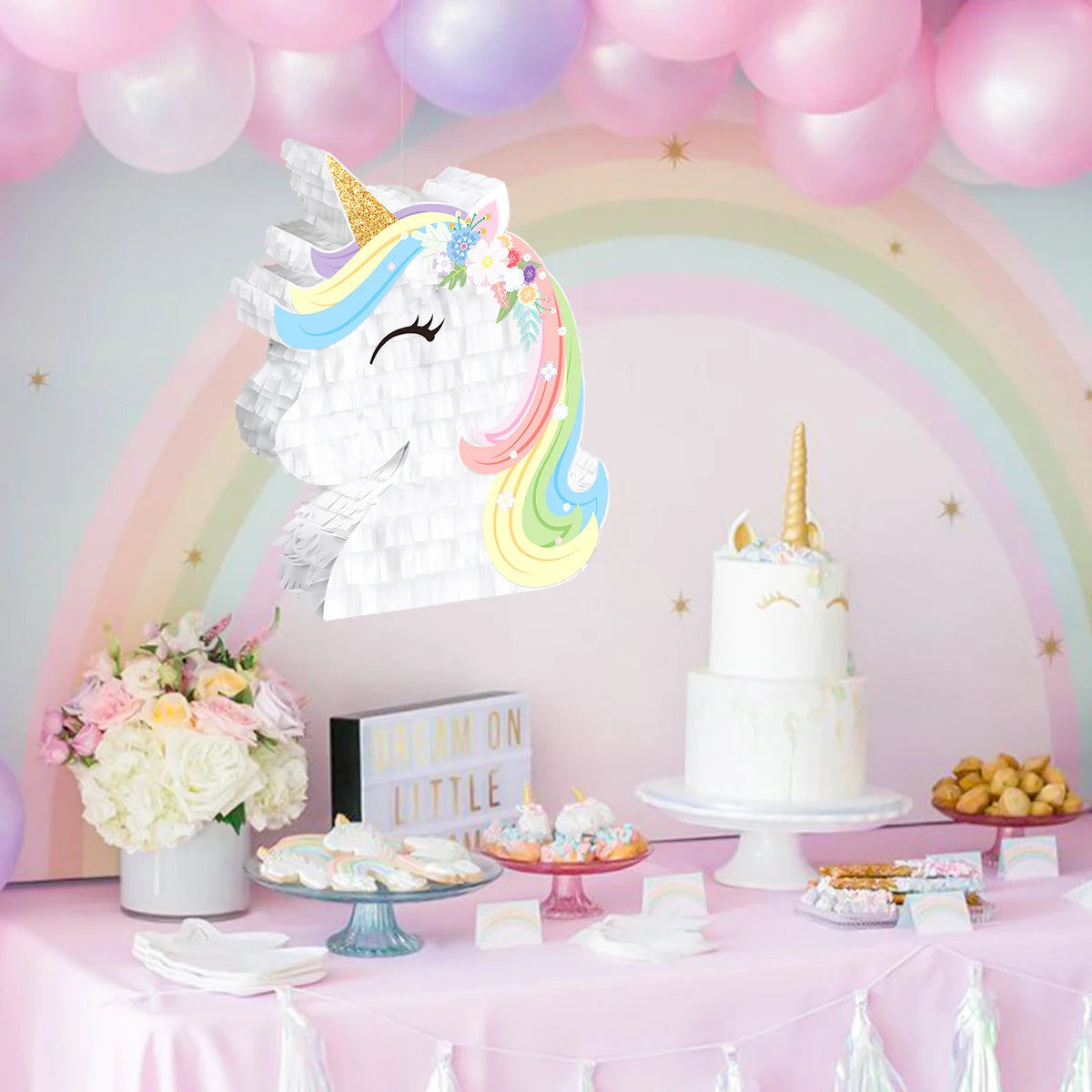 1Set Cartoon Rainbow Unicorn Theme Pinata Bundle with Blindfold Stick for Kids Birthday Baby Shower Party Decoration