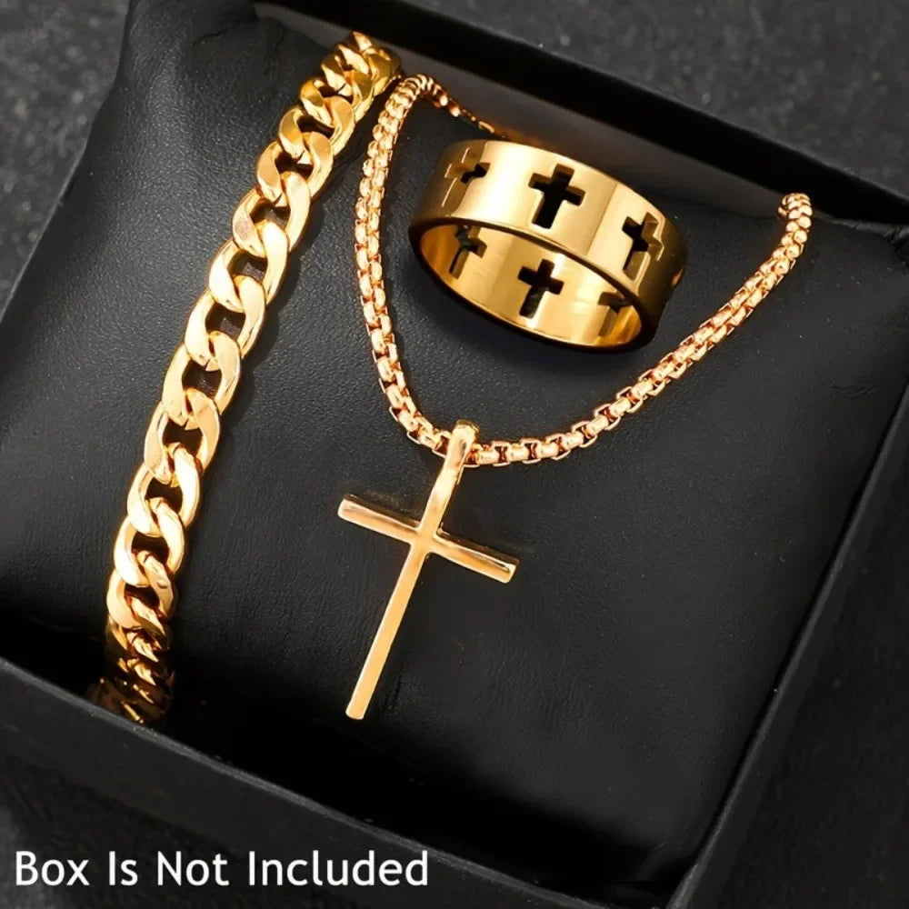 3PCS Men's Fashion Hip Hop Handsome Cross Jewelry Set, Necklace, Ring, Bracelet Give Him The Best Gift Christmas Gift