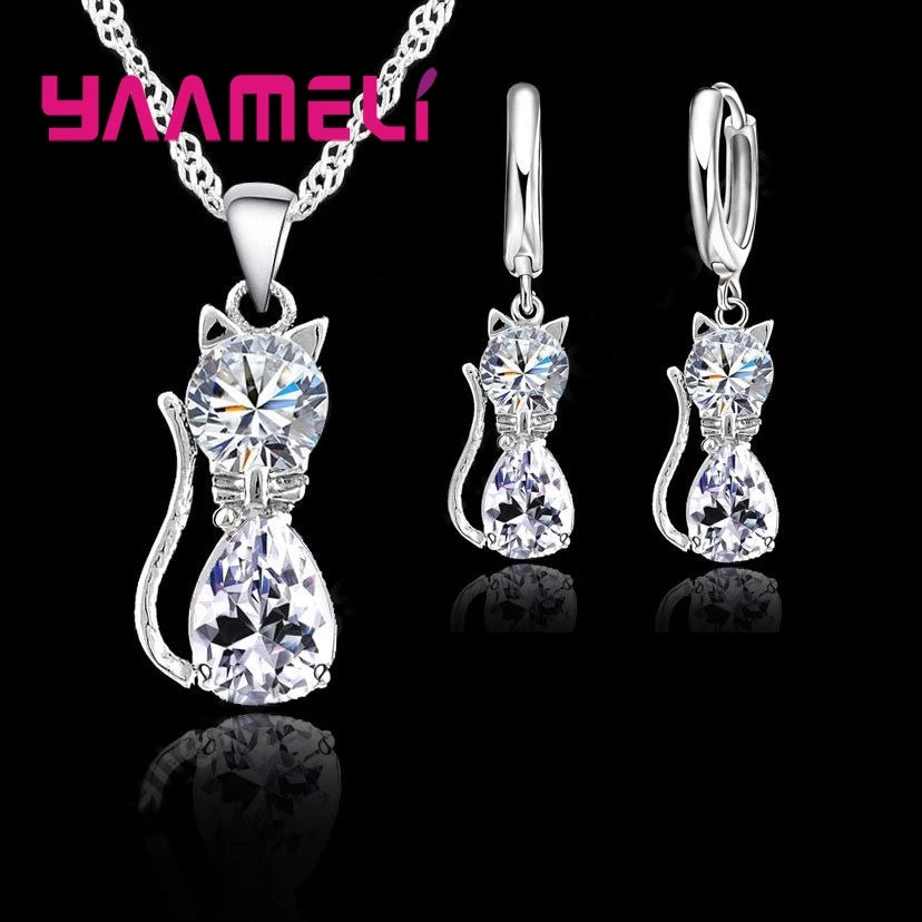 Genuine High Quality 925 Sterling Silver Color Jewelry Set Clear CZ Cubic Zircon Cat Necklace Earrings Pendant For Women