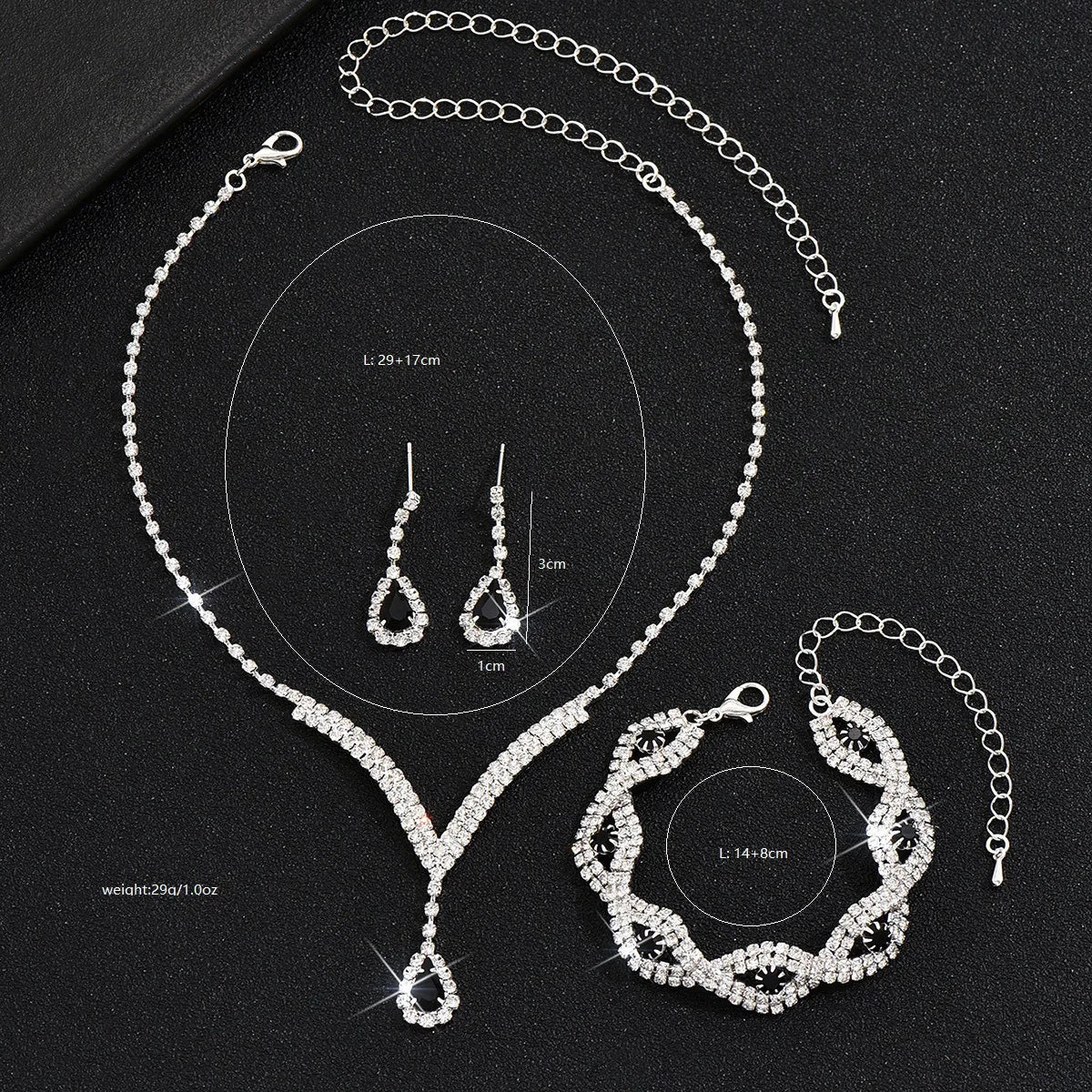 3 Pcs Luxury Rhinestone Bride Jewelry Set for Women Black Water Drop Crystal Earrings Wedding V Necklace Eye Bracelet Fashion