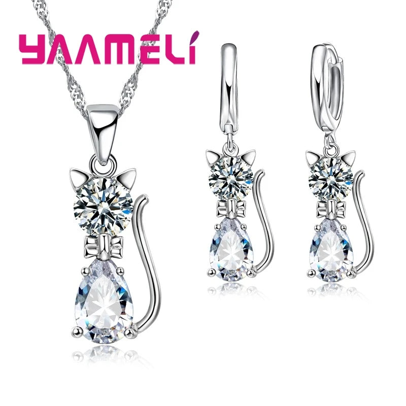 Genuine High Quality 925 Sterling Silver Color Jewelry Set Clear CZ Cubic Zircon Cat Necklace Earrings Pendant For Women