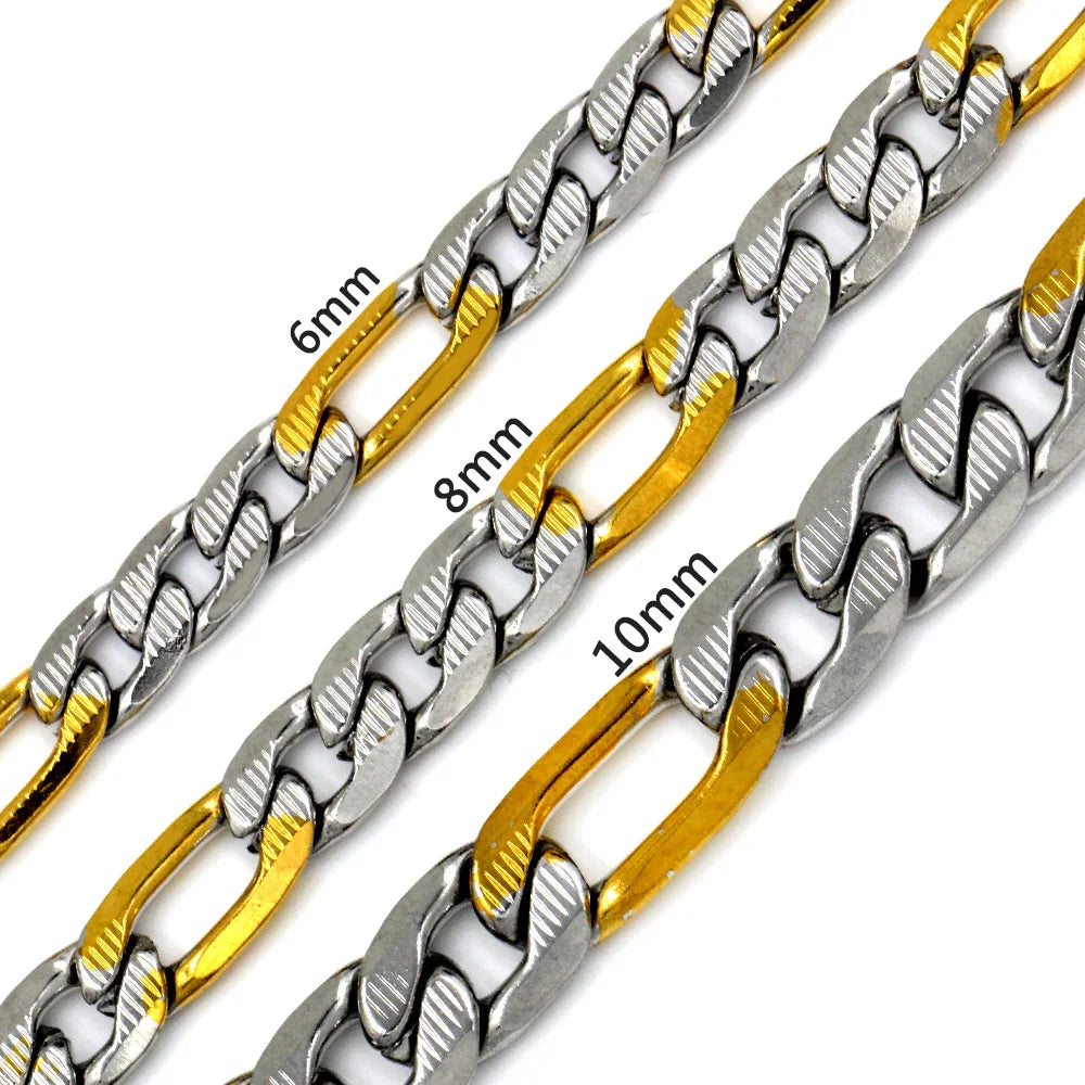LUXUSTEEL 6/8/10MM Men's Figaro NK Chain Necklace Stainless Steel Gold Color Mixed Silver Color Curb Link For Women Jewelry Gift